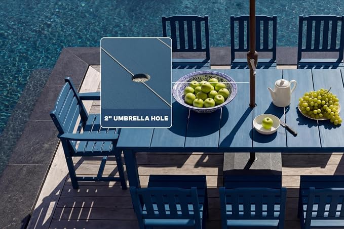 Perli™ 9-Piece Outdoor Dining Set, All-Weather HDPE Patio Furniture with 8 Ergonomic Chairs & Large Table, Built-in Umbrella Hole, UV-Resistant Set for Backyard, Deck, Poolside, Blue