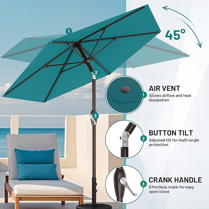 AreShark 7.5FT Patio Umbrella Table Market Umbrella w/Tilt and Crank, Heavy-Duty Outdoor Umbrellas for Pool, Deck, Garden and Backyard, Cerulean