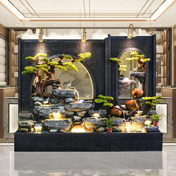 Outdoor Water Fountain with LED Light, Cement, Rockery Texture, 77L x 70H x 17W inches, for Living Room, Balcony, Dining Room, Garden Club,Housewarming Gift.Multiple Options(B+C)