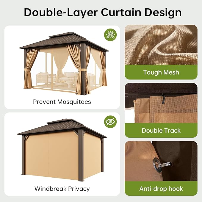 12x12FT Hardtop Gazebo, Metal Frame with Double Galvanized Steel Roof, Permanent Outdoor Pergola with Curtains and Netting Included for Backyard, Patio, Lawn and Garden, Brown