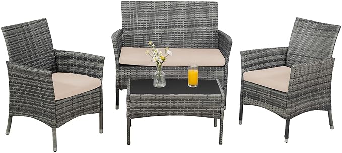 Outdoor Furniture Set of 4 Pieces with PE Waterproof Rattan Tempered Glass Table and Thick Cushions Suitable for Gardens Porches Terraces and Balconies Easy to Assemble, Grey