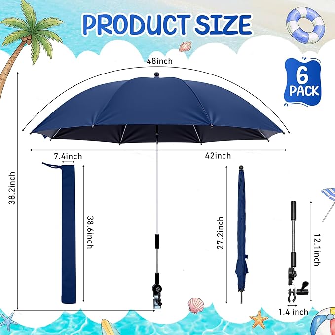 Sadnyy 6 Pcs Beach Chair Umbrella with Universal Clamp, 360 ° Adjustable Clip on Umbrellas 42" UPF 50+ Portable Sun Shade for Beach Chair Patio Camping Wheelchair Stroller Golf Cart