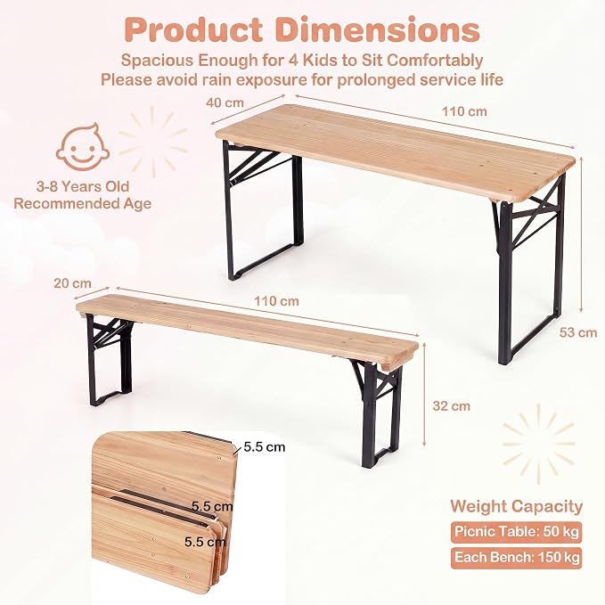 HONEY JOY Kids Picnic Table, 43.5 Inch Folding Toddler Outdoor Table & 2 Benches, Fir Wood Top & Metal Frame, No Assembly, Portable Easy to Store Camping Table and Chairs for Patio Backyard (Black)