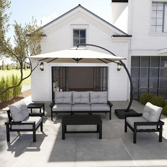 HDPE 7 Piece Patio Furniture Set, All-Weather Outdoor Couch Set with Thick Cushions & Table & Umbrella, Patio Conversation Sets for Lawn, Garden, Porch, Balcony, Deck, Poolside, Black & Grey