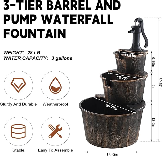 3-Tier Freestanding Rustic Barrel Waterfall Fountain,40-Inch Wood Outdoor Water Fountain with Pump for Garden,Patio, Backyard and Porch