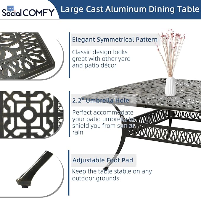 9-Piece Patio Cast Aluminum Dining Set, Outdoor Dining Furniture Set for 8 Person, Includes 64" Square Table, 6 Stationary and 2 Swivel Dining Chairs with Umbrella Hole, Navy Blue