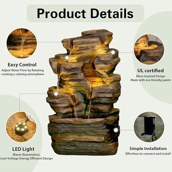 Bumilgar 24.2" H 6-Tier Outdoor Water Fountain, Features Rock Garden Waterfall Fountains with Warm Lights, Floor-Standing for Patio, Backyard, Deck, Porch, Home Décor, Brown