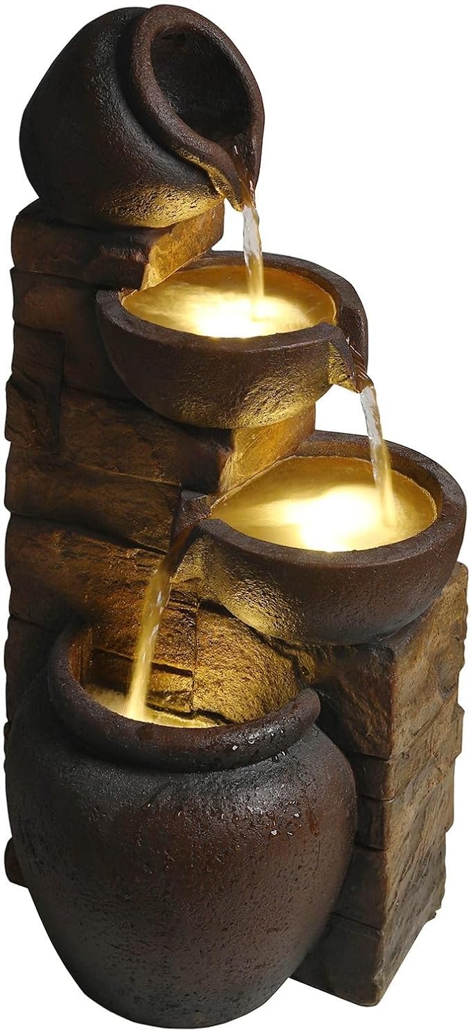 Outdoor Water Fountain with LED Lights, 4 Tier Cascading Pot Waterfall, 25.6" Rustic Jug Fountain with Pump for Garden, Patio, Yard, Porch, Backyard Decor, Brown
