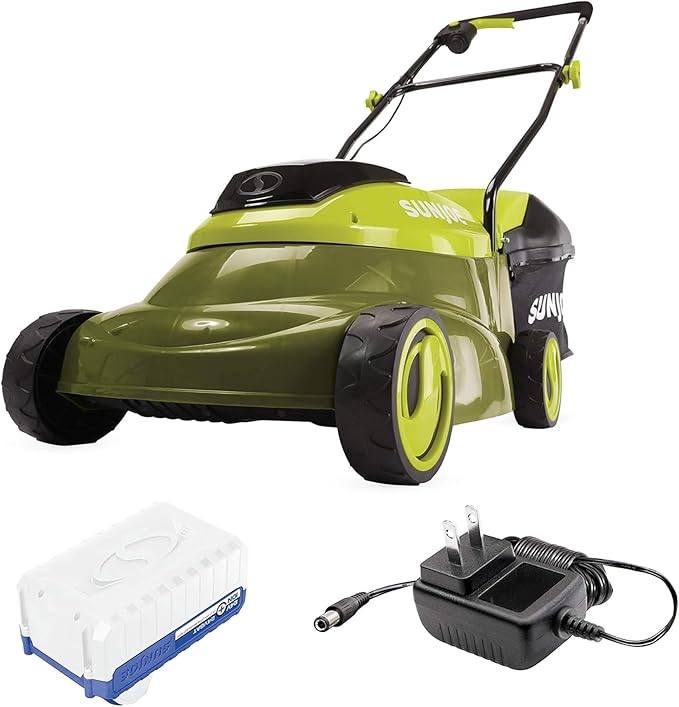 Sun Joe Walk-Behind Cordless Push Lawn Mower with 14-Inch Cutting Width, Brushless Motor, Rechargeable 4 Amp Battery and Charger, Green, 24V-MJ14C