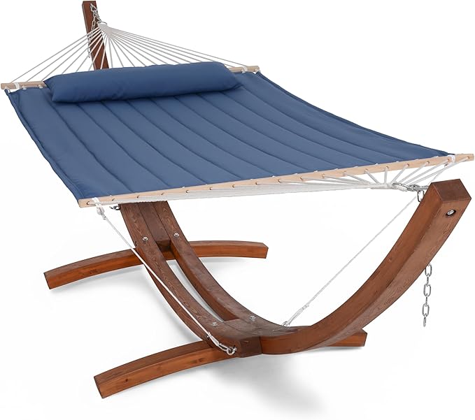 SUNCREAT Hammocks Double Hammock with 13.5 ft Wooden Stand Included, Outdoor Hammocks for Outside, 475 lbs Capacity, Navy