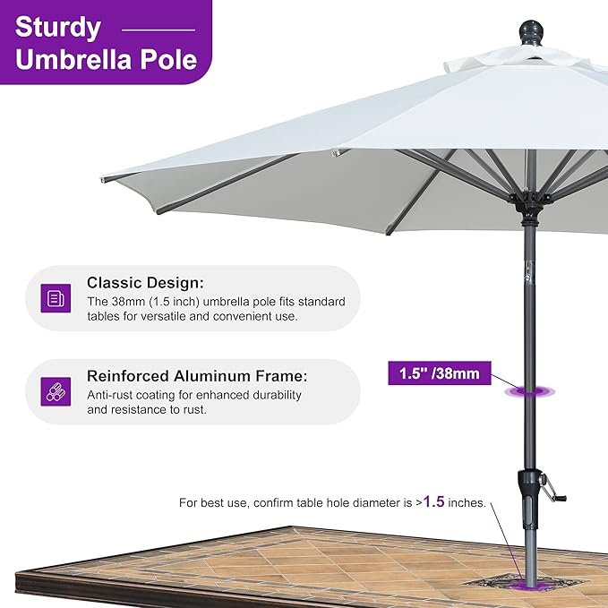 PURPLE LEAF 9' Round Patio Market Umbrella with Base Outdoor Table Umbrellas Aluminum Frame Sun Shade with 8 Sturdy Ribs Tilt for Garden Deck Lawn Pool White