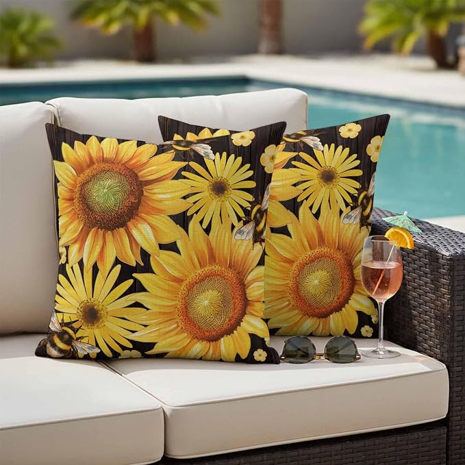 Outdoor Throw Pillow Covers,Yellow Sunflower Daisy Flower Waterproof Decorative Pillowcases Cushion Cover Spring Rustic Floral Bee Black Pillow Cases for Patio Couch Sofa Bed,16x16in Set of 2