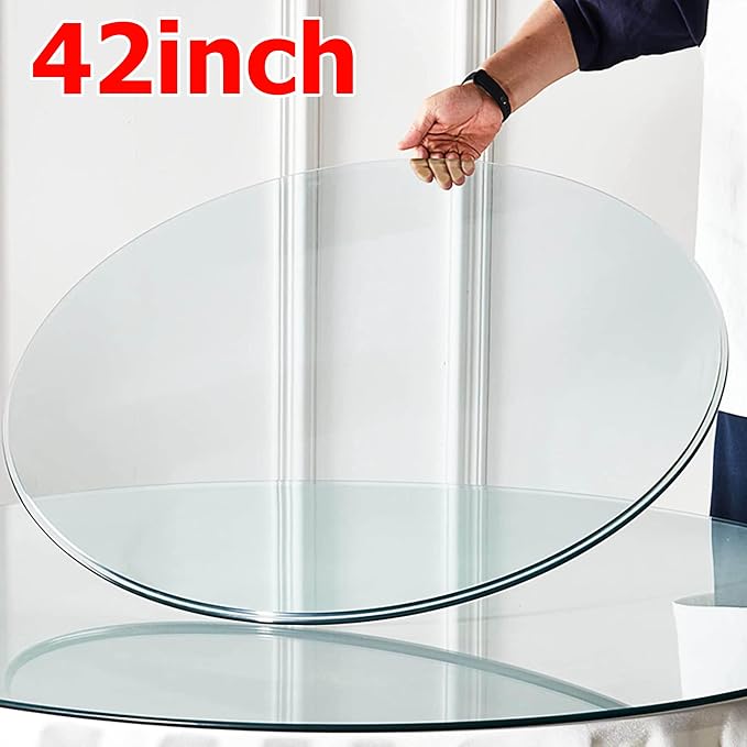 42 Inch Round Tempered Glass Table Top, 0.35 Inch Thick Clear Circular Tabletop with 6 Anti-Slip Rubber Rings, Replacement for Dining & Kitchen and Patio Table