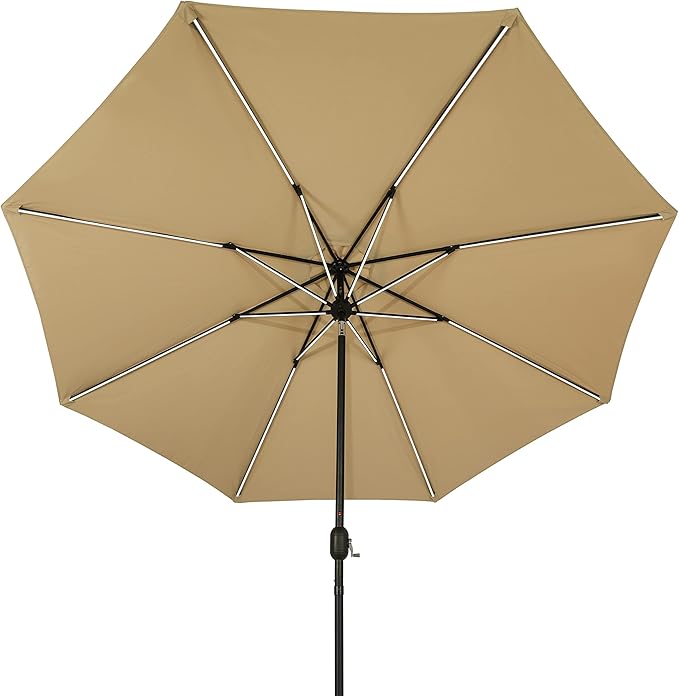 Island Umbrella Calypso 11 ft Octagon Patio Umbrella – With Crank Lift, Push-Button Tilt, Rust-Resistant Aluminum Pole, 8-Rib Frame, Solar LED Lights & Breez-Tex Weather-Resistant Canopy – Champagne
