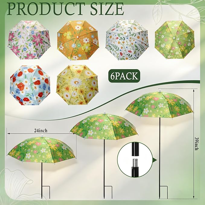 Hillban 6 Pack Plant Shade Umbrellas for Outdoor Plants 23.6" Large Garden Umbrella Shade for Potted Flower with Adjustable 40" H Sunshade Cover for Patio Garden Bed Flowers(Floral Pattern)
