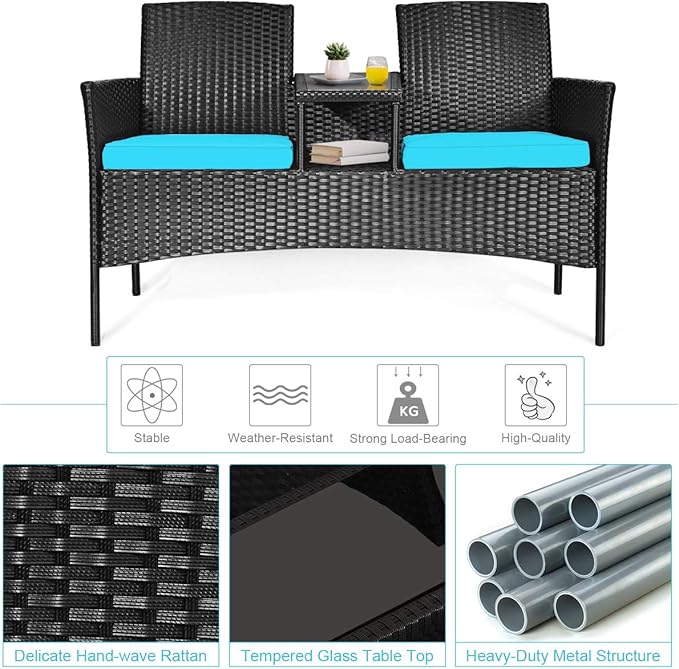 Tangkula Wicker Patio Conversation Furniture Set, Outdoor Furniture Set with Removable Cushions & Table, Tempered Glass Top, Modern Rattan Bench for Garden Lawn Backyard