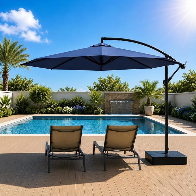 10FT Patio Umbrella with Base, Outdoor Umbrella Pool Umbrella Cantilever Umbrells - UV Protection, Easy Tilt & 360° Rotation for Poolside, Backyard & Garden