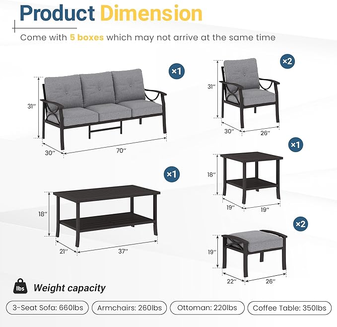 RoyalCraft 7-Pieces Outdoor Patio Furniture Set, Outdoor Metal Sectional Furniture with Cushions, Outdoor Conversation Seating Set with Coffee Table for Balcony, Backyard, Garden, Deck, Grey