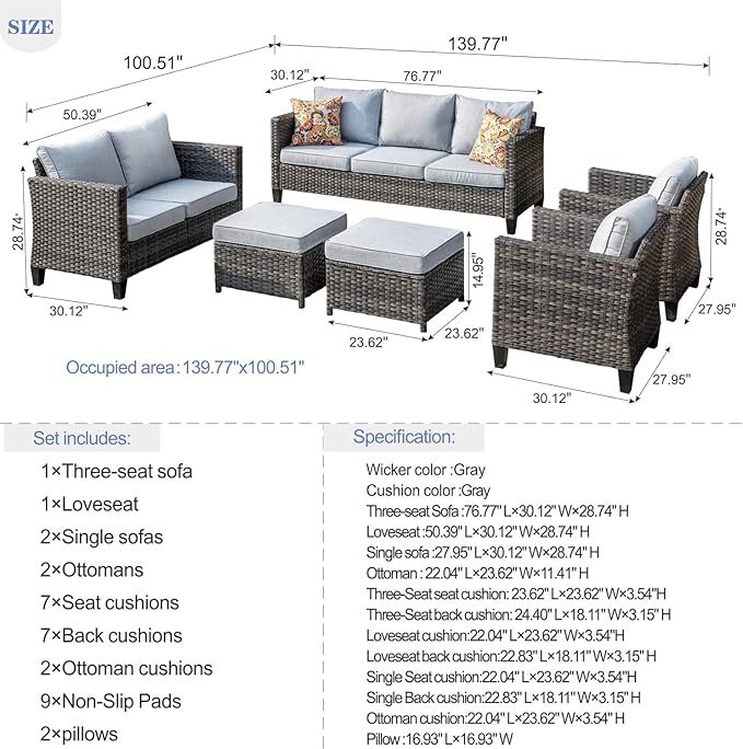 HOOOWOOO 6-Piece Luxury Patio Furniture Set–Comfortable Outdoor Rattan Sofa Set with Loveseat, 2 Chairs, 2 Ottoamns, Weather-Resistant Patio Conversation Set for Deck, Garden, Balcony (Grey)