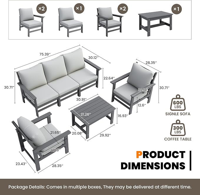 HDPE Patio Furniture Set 6 Piece Outdoor Furniture Sets Modular Sofa Set with Cushion All Weather Patio Conversation Set for Yard Garden Poolside Deck