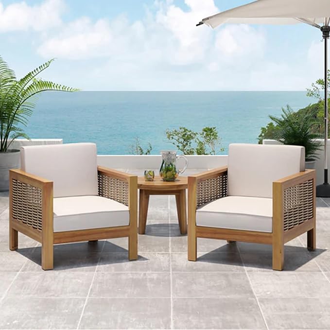 Merax Outdoor Patio Club Chairs,Set of 2,Acacia Wood Frame Conversation Set with Wicker Accents for Porch,Casual Style