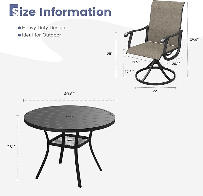 VICLLAX 5 Pieces Outdoor Dining Set, Patio Furniture Set of 4 Patio Swivel Dining Chairs and 41" Patio Round Table with Storage Shelf, Mixed Brown Chairs & Black Tabletop