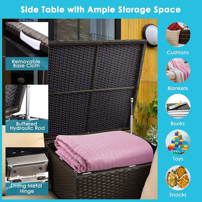 HAPPYGRILL 4-Piece Rattan Wicker Conversation Set Outdoor Patio Furniture Sofa Set with Storage Box & Tempered Glass Coffee Table for Backyard Garden Porch