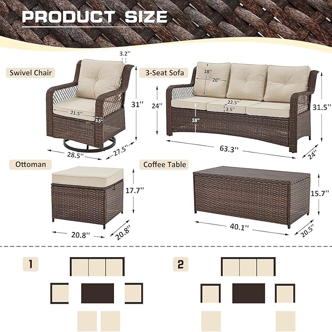 6 Pieces Wicker Patio Furniture Set Conversations Sets, 2 Outdoor 360° Swivel Chairs, Patio Swivel Chair with Table and Ottoman for Garden, Poolside, Backyard (Beige)