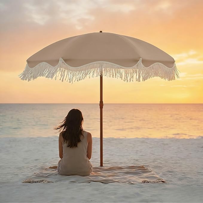 7ft Patio Umbrella with Fringe, Boho Beach Umbrellas, Outdoor Tassels Umbrellas with Push Button Tilt & Carrying Bag, 8 Windproof Fiberglass Ribs, UPF50+