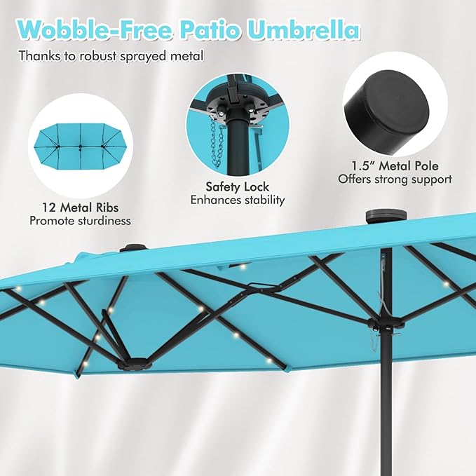 HAPPYGRILL Double-Sided Patio Umbrella with Solar Lights, 13FT Large Umbrella with Base Included, Crank Handle, Market Twin Table Umbrella for Outdoor Backyard Garden Poolside