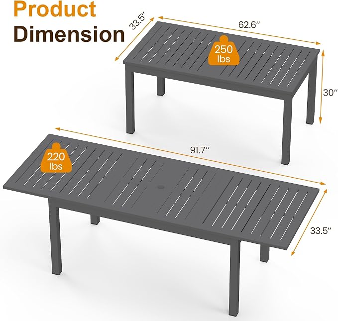 Expandable Aluminum Outdoor Dining Table, 3-Adjustable Lengths Patio Dining Table for 6-10 Person, 91.7" L x 33.5" W Metal Patio Table with Umbrella Hole Adjustable Feet for Garden Porch Deck, Grey