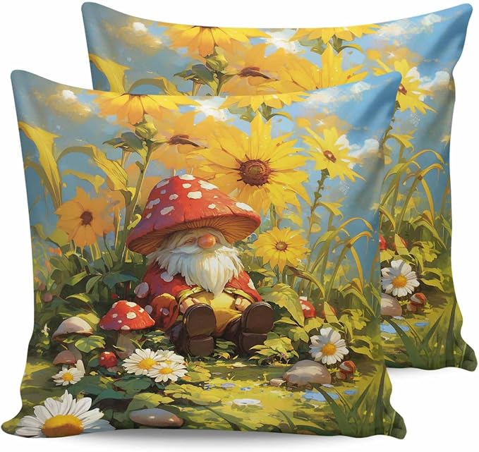 Outdoor Waterproof Throw Pillow Covers 24x24in, Fall Gnome Mushrooms Cushions for Garden Patio Furniture Chairs Set of 2, Sunflowers Floral Home Decor Couch Sofa Polyester Pillow Cases