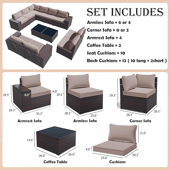 Gotland 12 Pieces Patio Furniture Set, Wicker Outdoor Sectional with Wide Armrests 29.5'' High Backrest 4'' Thick Waterproof Cushions, Oversized Patio Furniture for Deck Garden Khaki
