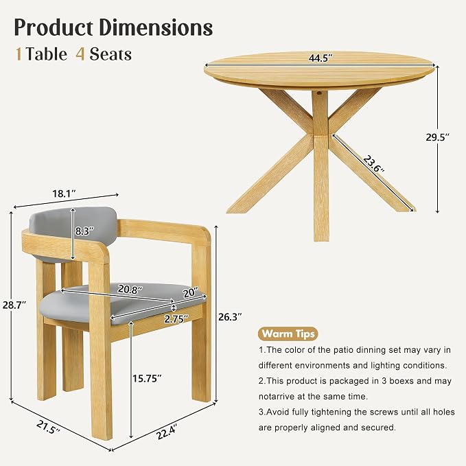 5-Piece Outdoor Acacia Wood Round Dining Set, All-Weather Round Dining Table and 4 Barrel Chairs & Removable Cushions, 5-Piece Patio Furniture for Backyard Deck Poolside (Gray Cush)