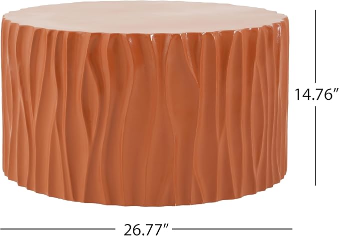 Terracotta Round MGO Coffee Table, Wave Textured Cylindrical Side Table, Indoor & Outdoor Multi-Use Accent Table for Living Room Patio Garden