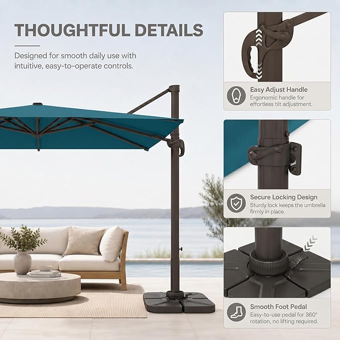 Cantilever Patio Umbrella, Large Square Outdoor Offset Umbrella with Aluminum Pole, 360-degree Rotation for Garden, Deck, Pool