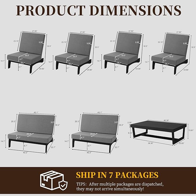 UIXE 7 Pieces Black Wood Patio Furniture Sets, 2 Patio Loveseat, 4 Patio Bistro Chair, All Weather Outdoor Sectional Sofa Furniture Backyard Conversation Set with Coffee Table - Gray