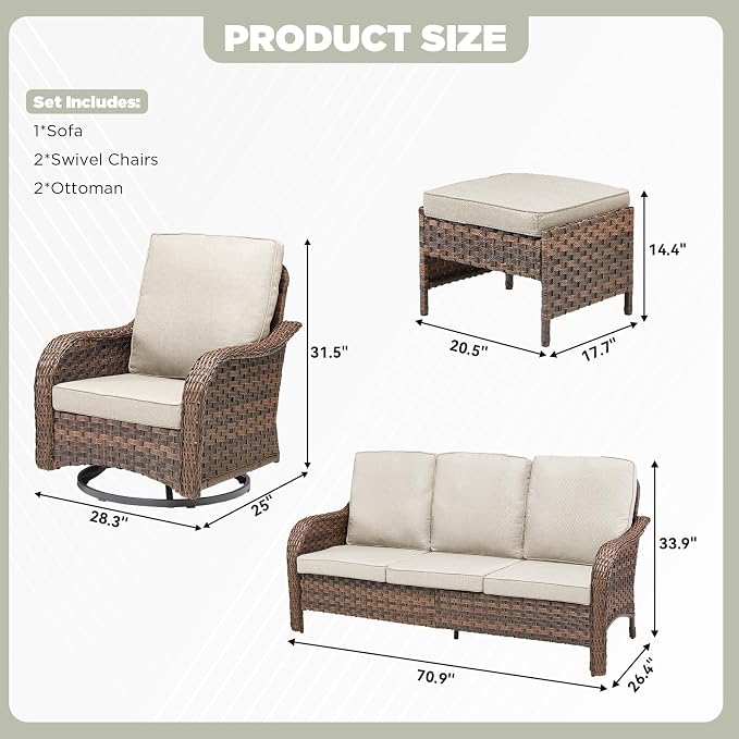 5 PCS Patio Furniture Set, 2 Swivel Rocking Chairs with 2 Ottomans & Side Table, 4-Inch Thick Olefin Cushions, 300 lbs Capacity Wicker Swivel Rocker Chairs for Porch, Balcony, Backyard, Beige