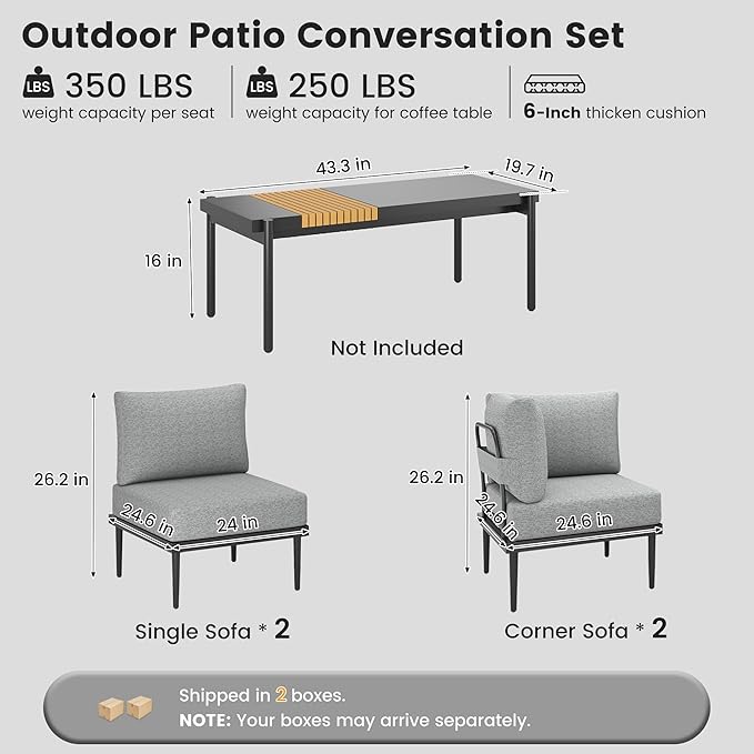 Metal Patio Furniture Set, 4 Pieces Outdoor Sectional Sofa Sets with 6" Thick Cushion, All Weather Modular Outdoor Corner Sofa Set for Balcony, Patio & Courtyard, Gray