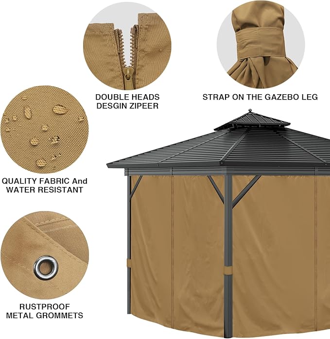 10'x10' Privacy Gazebo Curtains Outdoor Waterproof, 4-Panels Sidewall Curtains Universal Replacement with Zipper for Patio, Backyard, Garden (Only Curtains, Khaki)