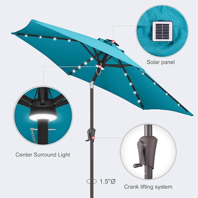 Jarka&Co 7.5ft Solar Patio Umbrella - Lighted Solar Outdoor Umbrella with 24 LED Lights Waterprool UV Protection, Market Table Umbrella with Tilt for Backyard, Garden, Pool, Porch (Aqua Blue)