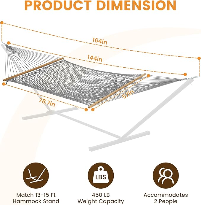 Lazy Daze Hammocks 12FT Double Rope Hammocks, 2 Person Hand Woven Cotton Hammock with Spreader Bar, Carabiner, Tree Strap, Chain for Outside, FIT 13-15 FT Stand, Max 450 Lbs, Light Grey