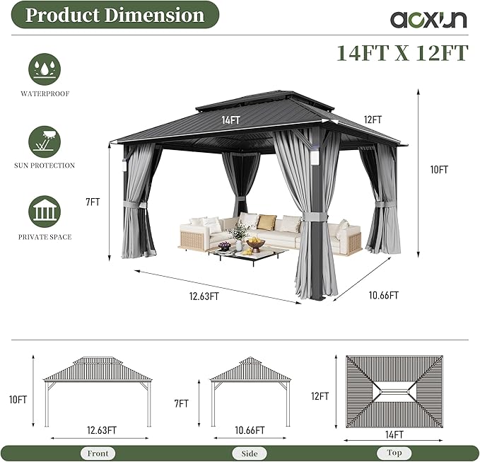 Aoxun 14'x12' Hardtop Gazebo with 4 LED Lights, Outdoor Gazebo with Galvanized Steel Double Roof, Patio Gazebo with Breathable Netting & Privacy Curtain, Decor Hooks for Backyard, Gray