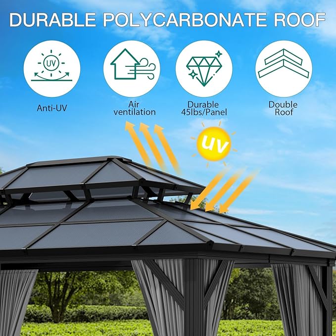 GAOMON 10'x12' Hardtop Gazebo with Polycarbonate Double Roof, Durable Aluminum Frame, Weatherproof & UV Protection for Garden, Patio, Lawn