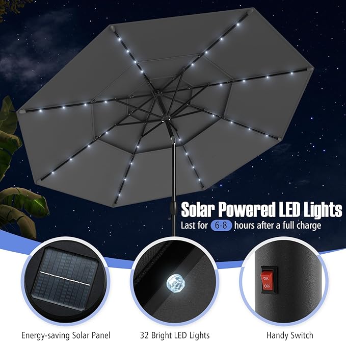 Tangkula 10 FT Solar LED Patio Umbrella, 3-Tier Vented Outdoor Market Table Umbrella with 32 LED Lights, Tilt Adjustment, Crank Handle, 8 Ribs for Backyard Pool Deck (Gray)