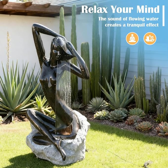 40" H Modern Goddess of Fortune Seated Water Fountain with Glass and Led Light, Waterfall Outdoor/Indoor Zen Water Features Decor for Garden Patio Backyard Lawn Home