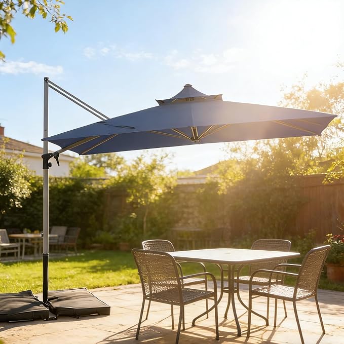 Patio Umbrella, Rectangle Outdoor Cantilever Umbrella, Aluminum Offset Umbrella with Champagne Frame for Pool Deck Garden Outdoor shade for Garden Deck Pool Patio, Beige(Weighted Base Not Include)
