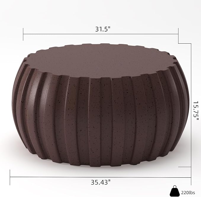 35.43" Indoor Round Coffee Table, Waterproof Coffee Table Modern MgO Cement Design End Tables for Living Room, Outdoor Patio Coffee Tables for Garden, Backyard, Balcony, Brown