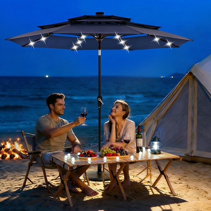 Garvee 9ft 10ft Patio Umbrella with Solar Lights, 3-Tier Umbrella Outdoor Patio with LED Lights, Ventilation, Easy Crank & Tilt, 8 Sturdy Ribs, UV Protection, Large Patio Umbrella for Deck, Pool