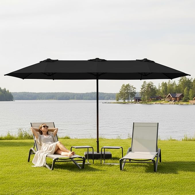 15FT Large Patio Umbrella with Base, Double Sided Rectangular Outdoor Umbrella with Sturdy Fiberglass Ribs, UPF 50+ Sun Protection, Wind-Resistant, Waterproof Fade-Resistant Fabric for Pool, Garden, Backyard, Deck(Black)